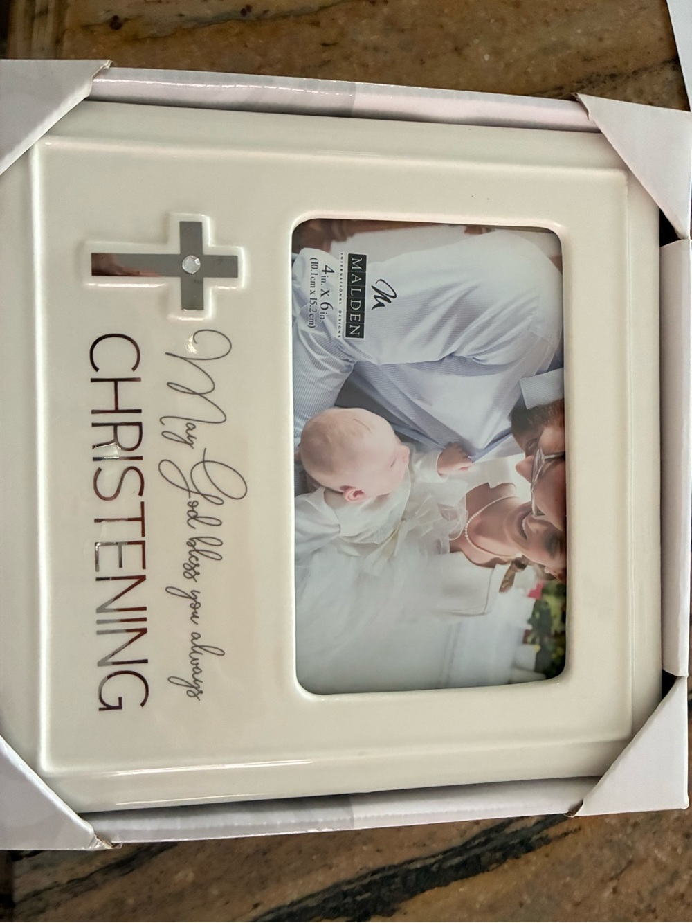 Malden White Ceramic Christening Picture Frame with Cross Accent